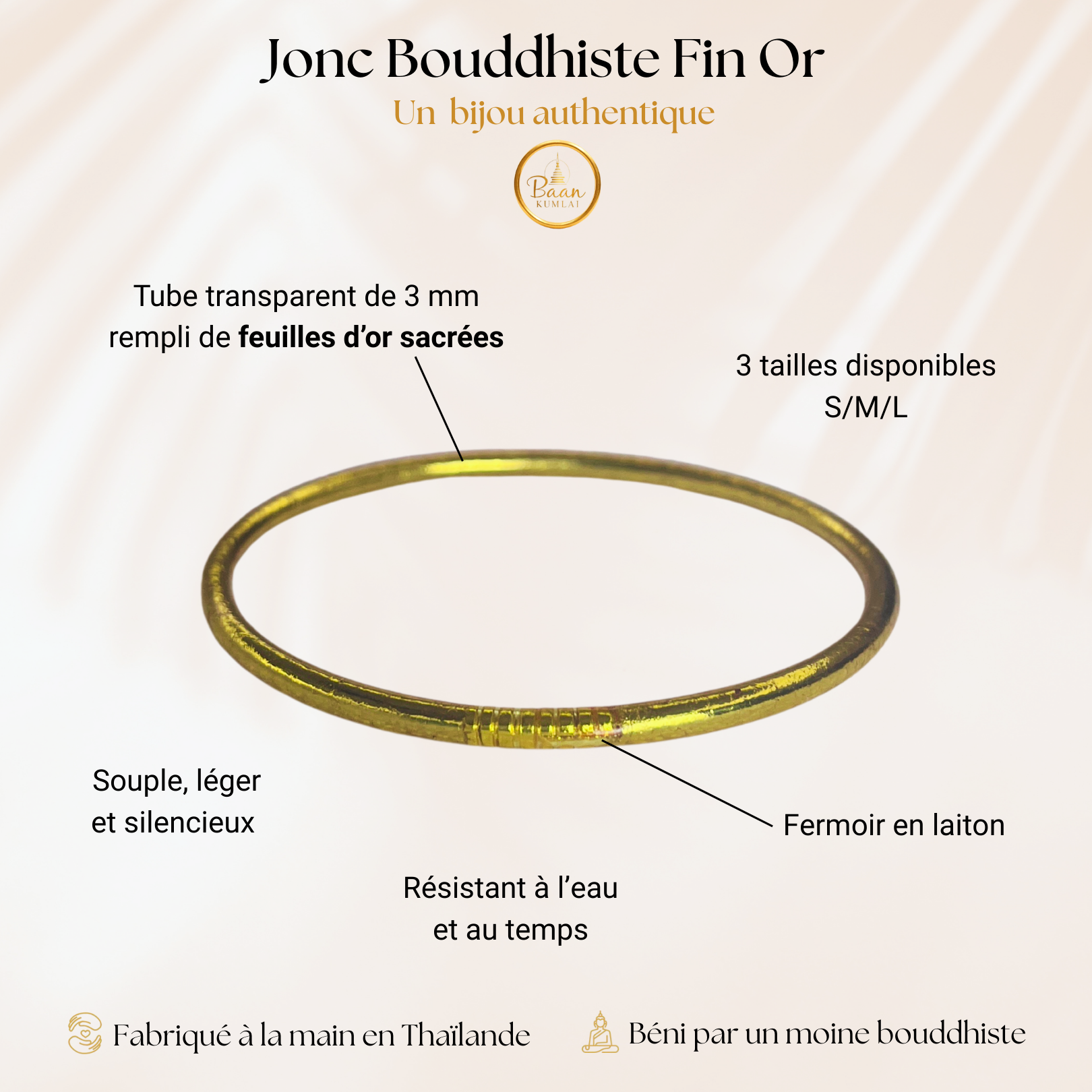 Comment reconnaitre un vrai jonc bouddhiste fin gold - Composé d'1 tube rempli de feuilles d'or sacré, béni dans un temple par un moine en Thaïlande.