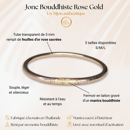 Comment reconnaitre un vrai jonc bouddhiste couleur rose gold - Composé d'un tube rempli de feuilles d'or rose, scellé avec un mantra sacré, béni par un moine en Thaïlande.