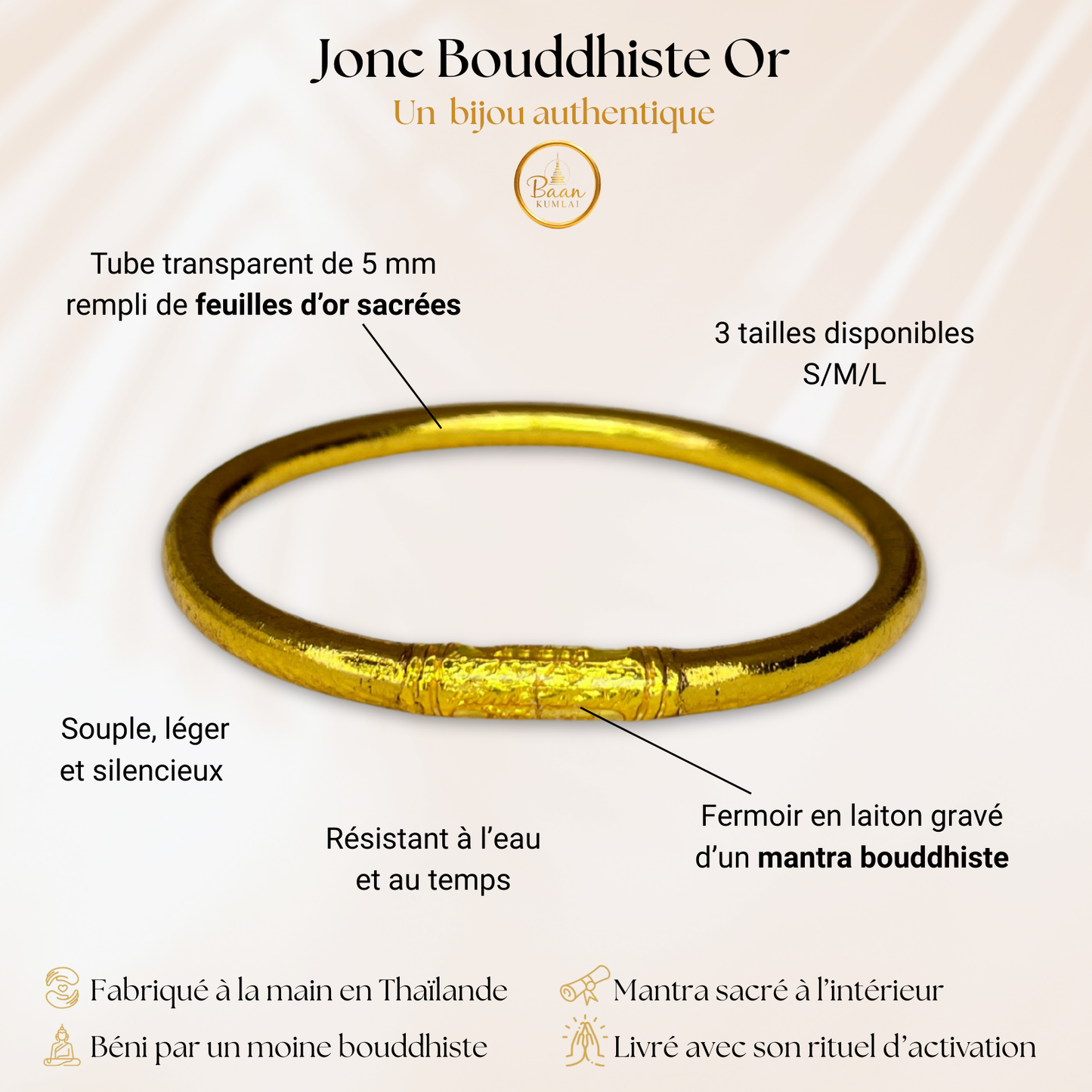 Comment reconnaitre un vrai jonc bouddhiste gold - Composé d'un tube rempli de feuilles d'or, scellé avec un mantra sacré, béni par un moine en Thaïlande.