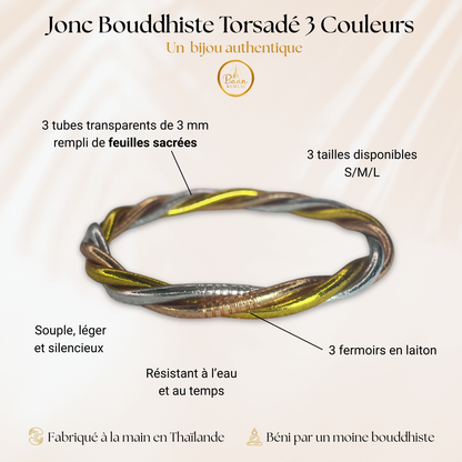 Comment reconnaitre un vrai jonc bouddhiste torsadé 3 couleurs - Composé de 3 tubes remplis de feuilles d'or sacré, béni dans un temple par un moine en Thaïlande.